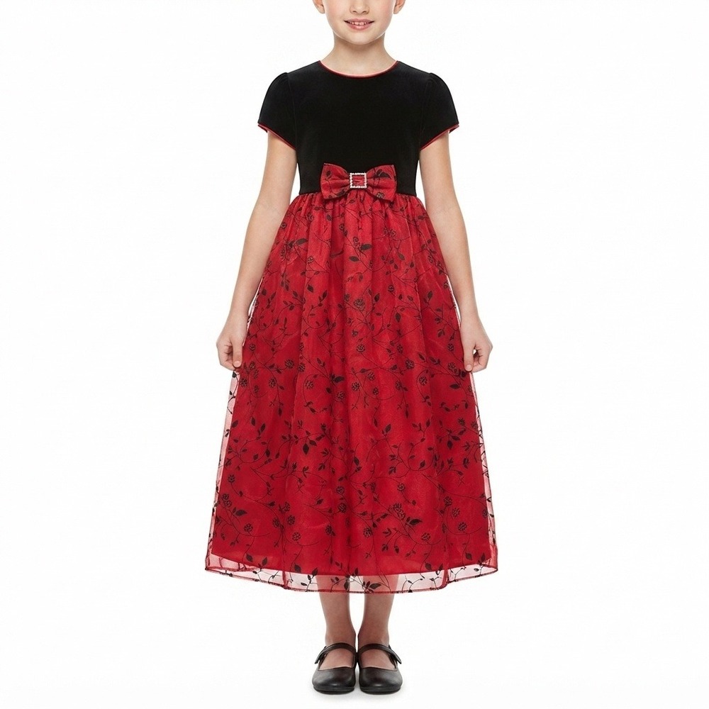 Chantilly Place Dress Girls 8 Holiday Black Velvet Red Floral Organza
